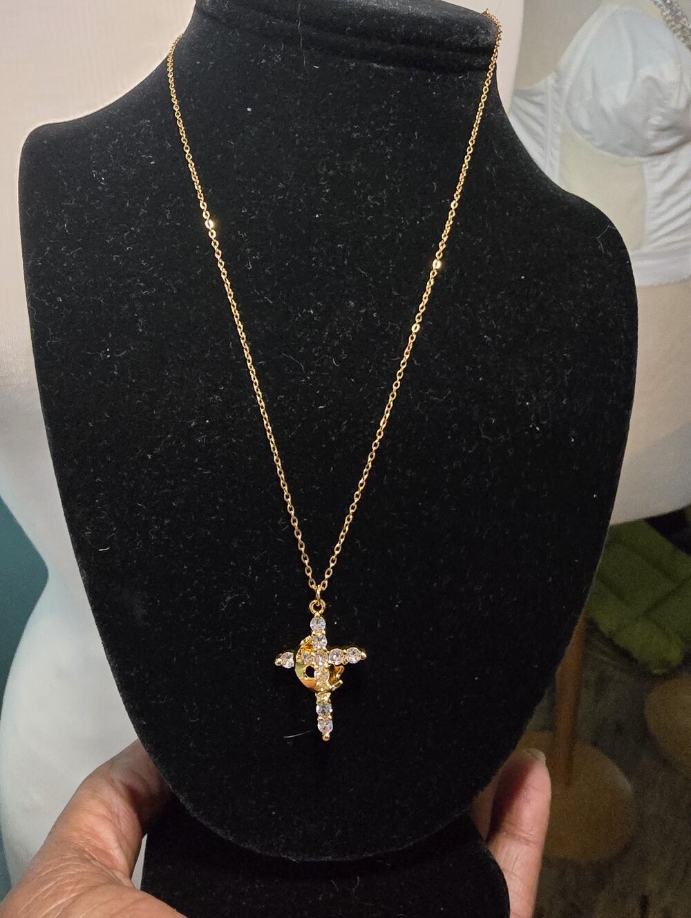 Gold-Tone Cross and Crown Pendant Necklace with Clear Crystals